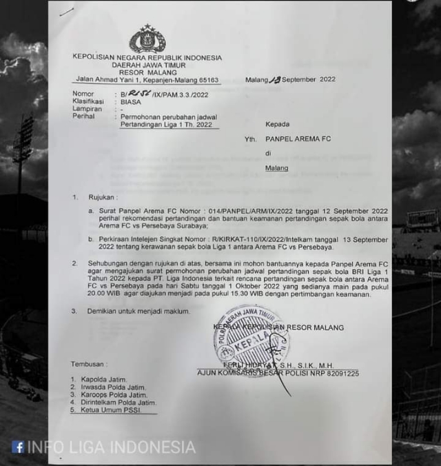 surat dari Polres Malang soal laga Arema FC versus Persebaya yang di dalamnya terdapat usulan mempercepat pertandingan ke sore hari.