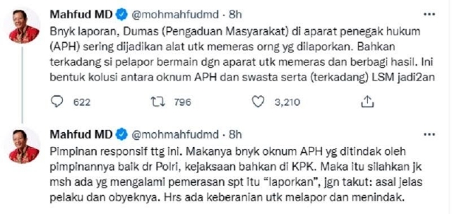 Cuitan Menko Pohukam Mahfud MD terkait dugaan modus pemerasan aparat penegak hukum Twitter @mahfudmd.