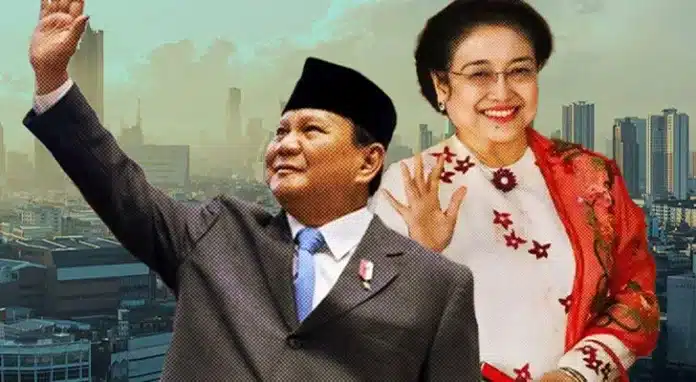 Ketua Umum PDI Perjuangan, Megawati Soekarnoputri, memberikan instruksi tegas kepada seluruh kader partai untuk mendukung pemerintahan Presiden Prabowo Subianto. Arahan ini disampaikan dalam acara Bimbingan Teknis (Bimtek) Fraksi PDIP yang digelar di The Meru & Bali Beach Convention Center, Sanur, Denpasar, Bali, Rabu (30/7/2025). Foto: Ilustrasi Prabowo dan Megawati (Bloomberg Technoz)